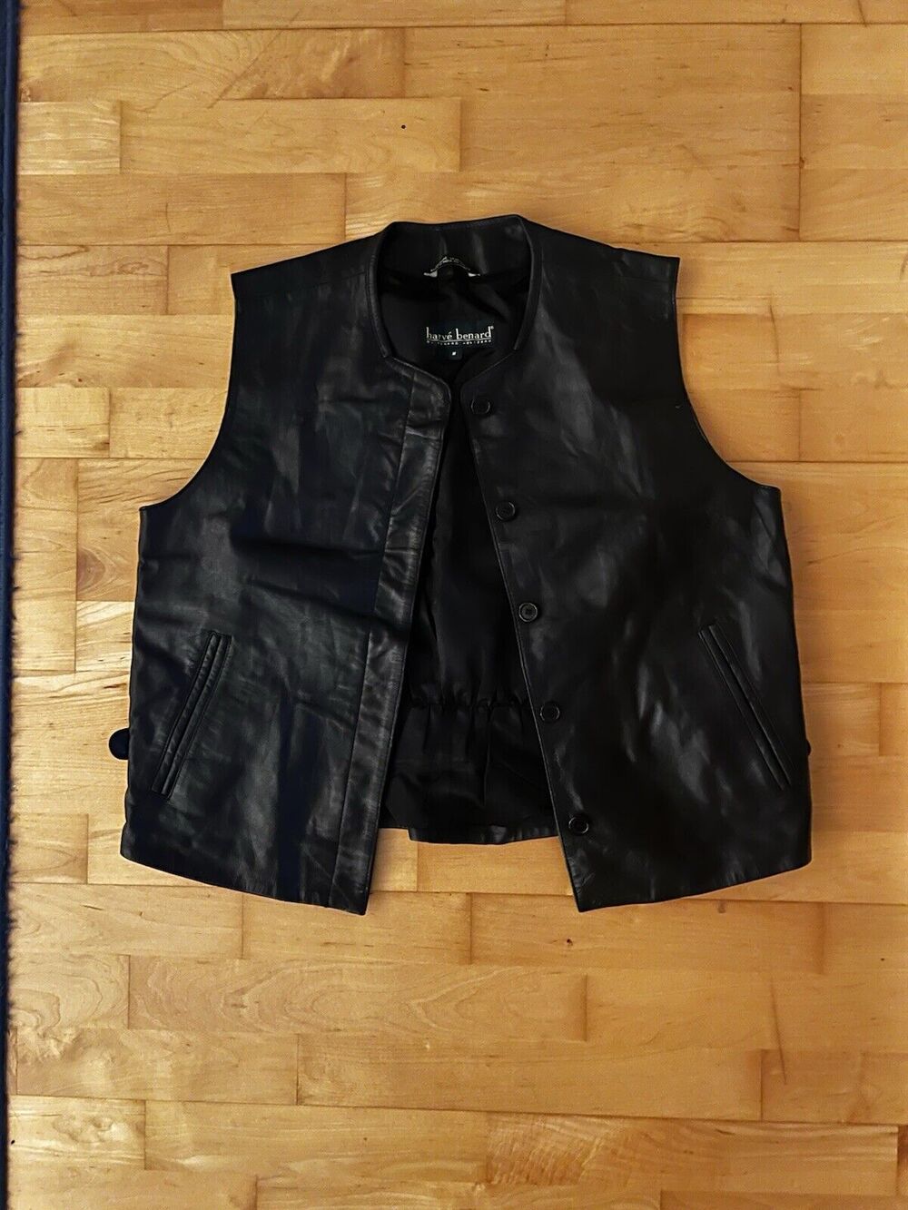 Harve Bernard Genuine Leather Vest Black Button Crewneck Biker Moto Western M
